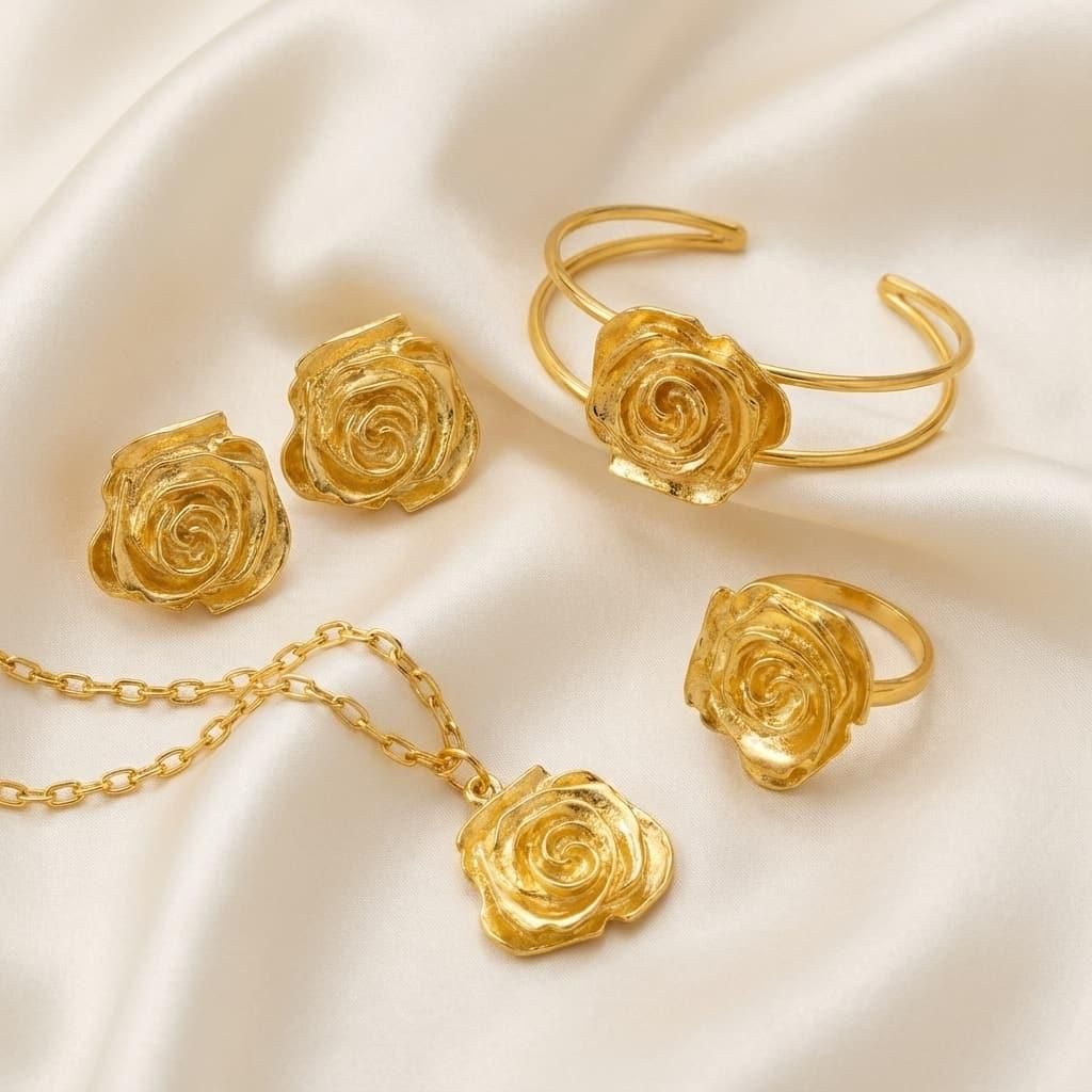 Set of Rose Necklace, Earrings, Bracelet and Ring